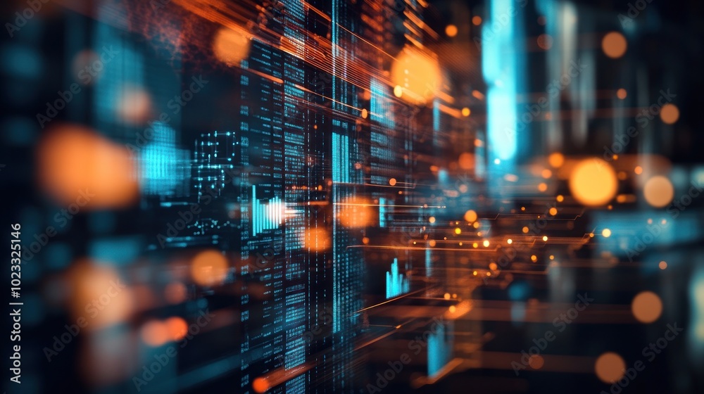 Poster abstract digital visualization with glowing lines and data elements representing technology.