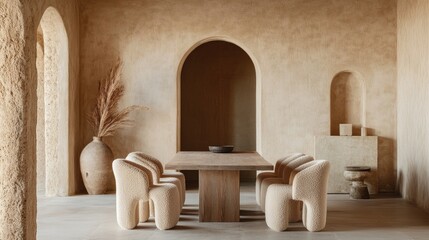 Boucle chairs surround a dining table in a minimalist room, with stucco walls and an arched doorway creating a modern, yet timeless aesthetic.