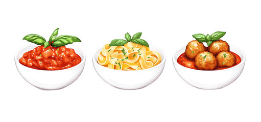 Naklejka premium three set of A classic Italian dish with pasta meatball isolated transparent background