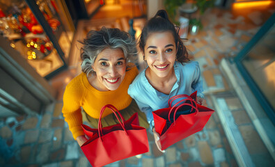 Obraz premium Mother and daughter shopping together, holding red bags