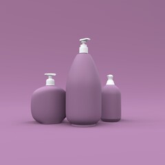 Elegant cosmetic bottles on violet background. Modern cover design. 3d illustration.