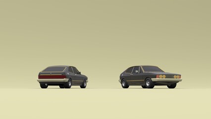 Cool looking old fashion cars, studio render on green background. Bright modern car design. 3d illustration.