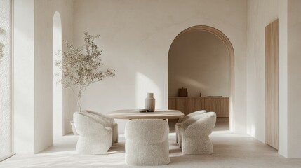 Elegant boucle chairs at a minimalist dining table in a serene room with soft stucco walls and a stylish arched entryway. Clean and inviting.