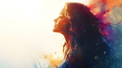 A beautiful woman with long hair, surrounded by colorful smoke and light effects, creating an abstract background