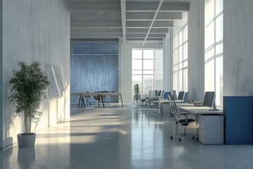 Modern Open-Plan Office with Concrete Walls and Large Windows