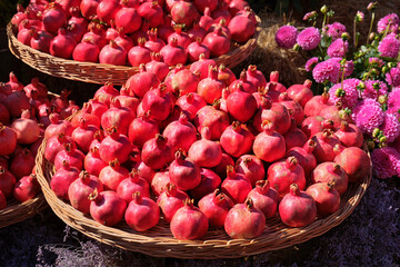 Many ripe pomegranates lie in a wicker basket.