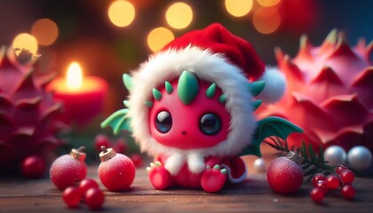 Adorable Dragon fruit Dressed as Santa with Christmas Ornaments and Candlelight in a Festive Scene
