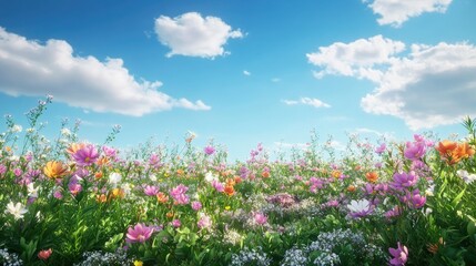 Fototapeta premium Vibrant garden filled with blooming summer flowers and clear blue skies above. Copy space in the sky