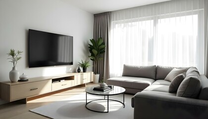 Aesthetic TV lounge with modern wooden cabinets in light oak, a large flat-screen TV mounted on a white wall, a plush gray sectional sofa with decorative cushions, and a sleek glass coffee table. Morn