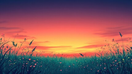 Vibrant sunset over a summer meadow, with space for text in the colorful sky. Summer evening concept