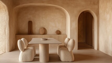 Minimalist dining area featuring boucle chairs at a sleek table, set against warm stucco walls and a large arch doorway. Serene and contemporary.