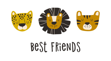 Vector illustration with leopard, lion and tiger. Children's design with wild animals.