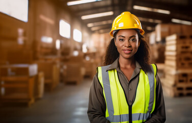 Employee, worker, foreman in a warehouse or workshop. Woman with safety vest and helmet. Copy space