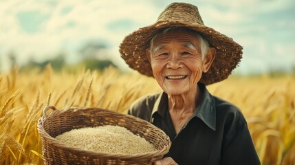 Old man with hat holding basket of grains in field