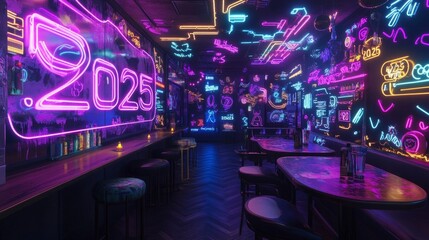 A vibrant neon display of 2025 with swirling light patterns and cheerful decorations enhancing the atmosphere.