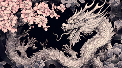 Intricate oriental line art featuring chinese dragons and japanese cherry blossoms. Shadow Dragon. Illustration © Thiago