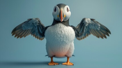 Close up portrait of a majestic tufted puffin bird with a vibrant orange beak and striking black white