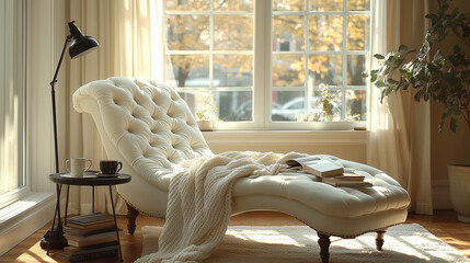 Sunlit Reading Nook with Elegant Chaise Lounge & Cozy Ambiance
