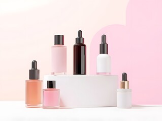 A display of various skincare serums in elegant glass bottles on a soft background.