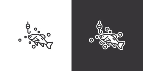 Float with hook and fish on white and black background. Original vector illustration in vintage style.