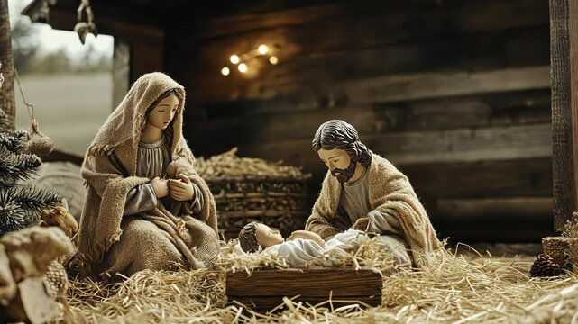 Organic nativity scene with wooden figures, a straw bed, burlap, and wool accents, set in a rustic stable with natural sunlight. Nativity scene, New Year, Christmas