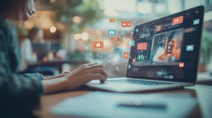 Person Using Laptop with Social Media Icons Displayed