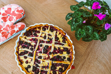 berry open pie in baking pan