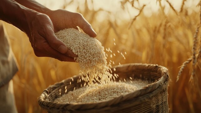 Traditional rice harvesting with background wheat field