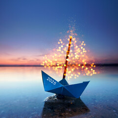 bright shining paper boat on the sea with lantern sails and flying birds in shape of 2025