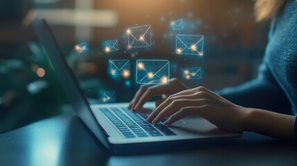 Woman Typing on Laptop with Digital Email Icons Floating Above