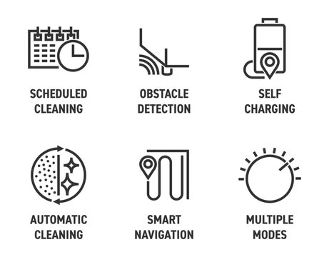 Robot vacuum cleaner 6 features icons set in bold line