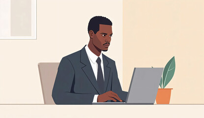 Focused black businessman working on laptop at desk