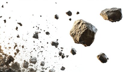 Rough, rocky asteroids flying through space isolated on a blank white background