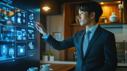 Modern man using cutting-edge digital interface tech.