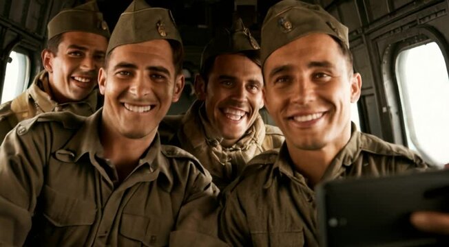 Created in artificial intelligence: a meme of soldiers in 1945 taking selfies with a cellphone.
