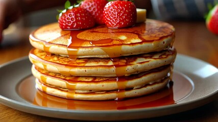 A stack of fluffy pancakes, topped with melted butter and maple syrup.