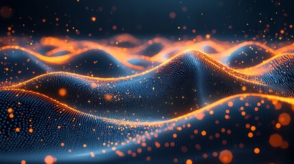 Abstract digital wave with glowing particles in orange and blue tones, creating a mesmerizing flowing motion effect.