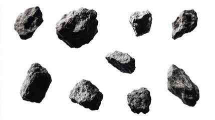 Set of flying asteroids with rough textures moving through space, isolated on white