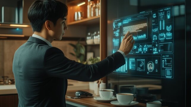 Businessman explores digital data on a hologram screen.