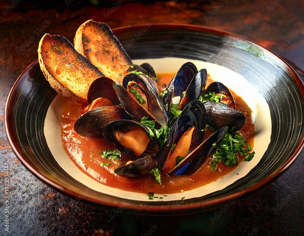 Wall mural Mussels in tomato sauce on a plate with fried baguette toast.