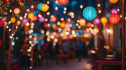 A vibrant outdoor party with colorful lights and decorations, where friends celebrate the new year joyfully.