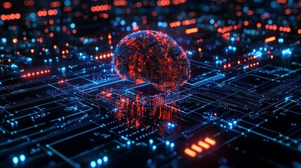 Fototapeta premium Futuristic illustration of a brain connected to a digital circuit, symbolizing artificial intelligence and advanced technology.