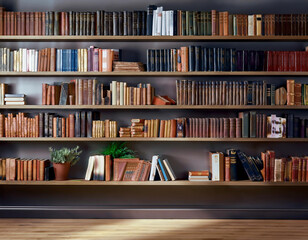 Bookshelves with books and houseplant in vase in and old library. Vintage bookshelves.