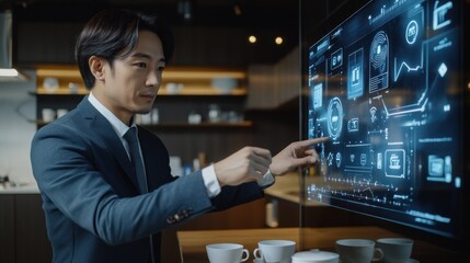 Man interacting with futuristic digital interface screen