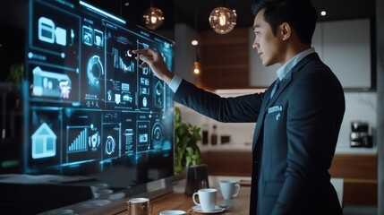 Businessman engaged with digital dashboard of graphics