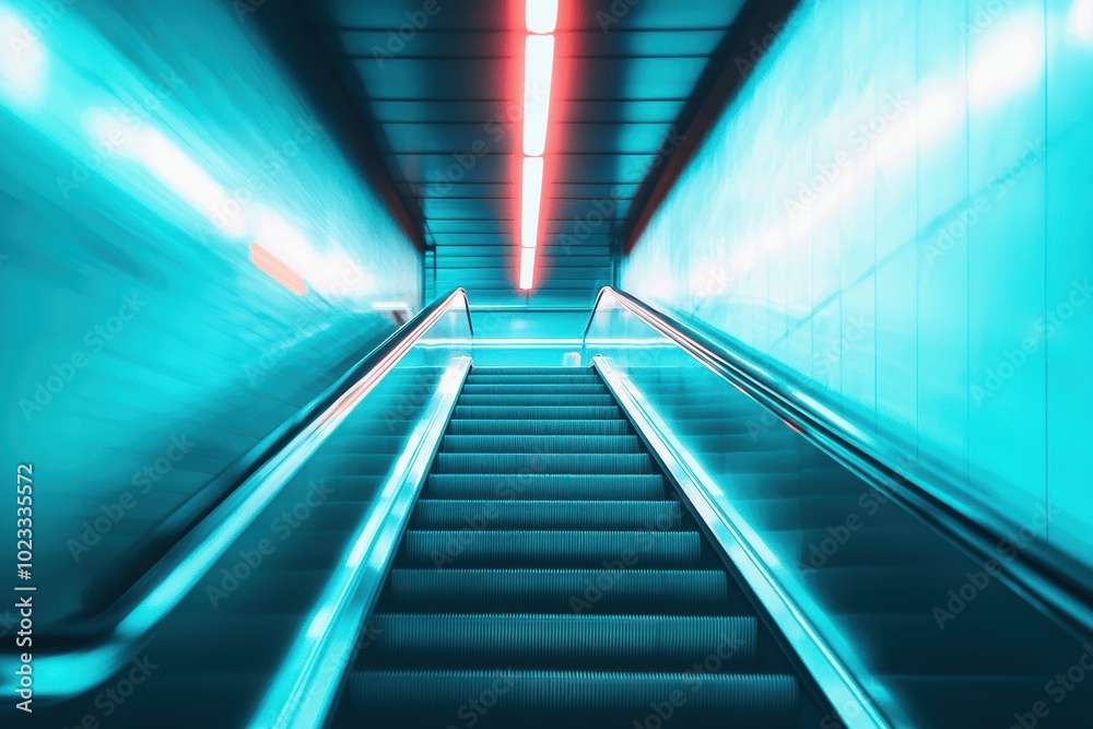 Canvas Prints A striking view of an escalator ascending through an abstract, illuminated tunnel. The vibrant turquoise and red lights create an artistic atmosphere.