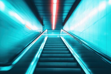 Obraz premium A striking view of an escalator ascending through an abstract, illuminated tunnel. The vibrant turquoise and red lights create an artistic atmosphere.