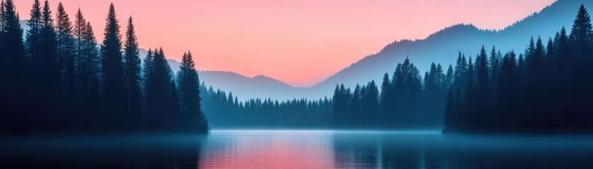 Fototapeta premium Serene landscape at dusk featuring a tranquil lake surrounded by misty mountains and tall pine trees. Perfect for nature enthusiasts and relaxation.