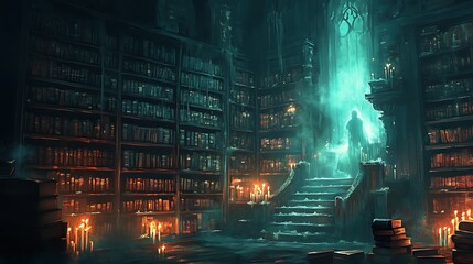 Obraz premium A whimsical haunted library scene, cartoon style, with floating books and glowing candles. Shadows of mysterious figures lurk between the shelves, and the walls are covered in old, dusty tomes.