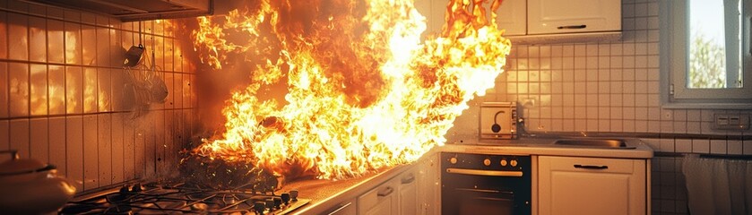 Obraz premium A dramatic kitchen fire engulfing the space, showcasing the dangers of cooking hazards and the need for fire safety precautions.